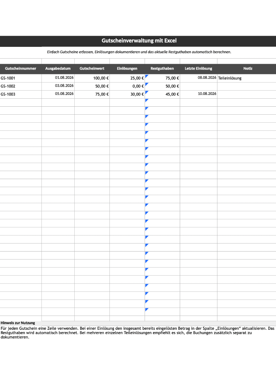 Gutscheine mit Excel verwalten und Restguthaben dokumentieren